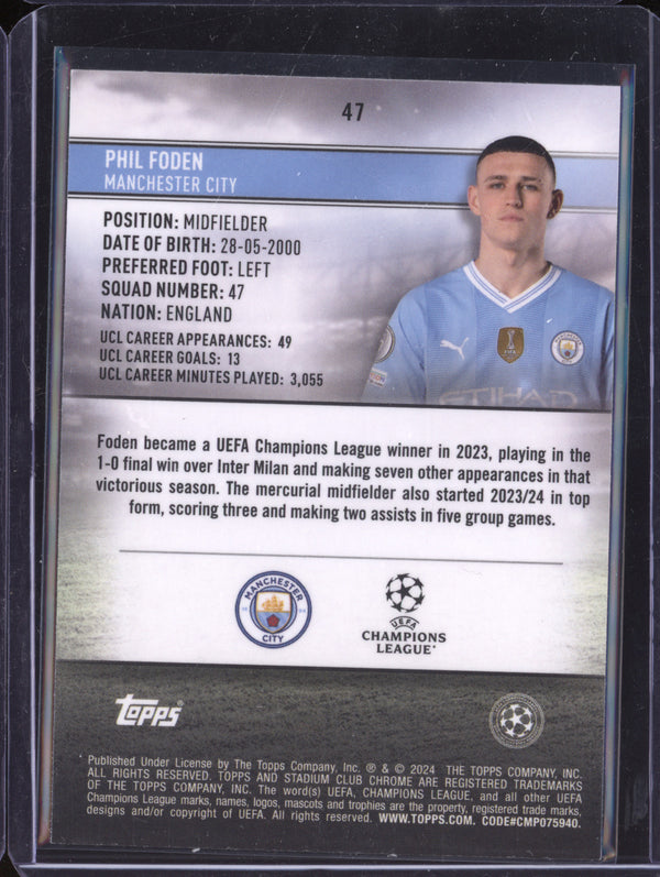 Phil Foden 2023-24 Topps Stadium Club Chrome UEFA 47 Aqua Wave 27/250