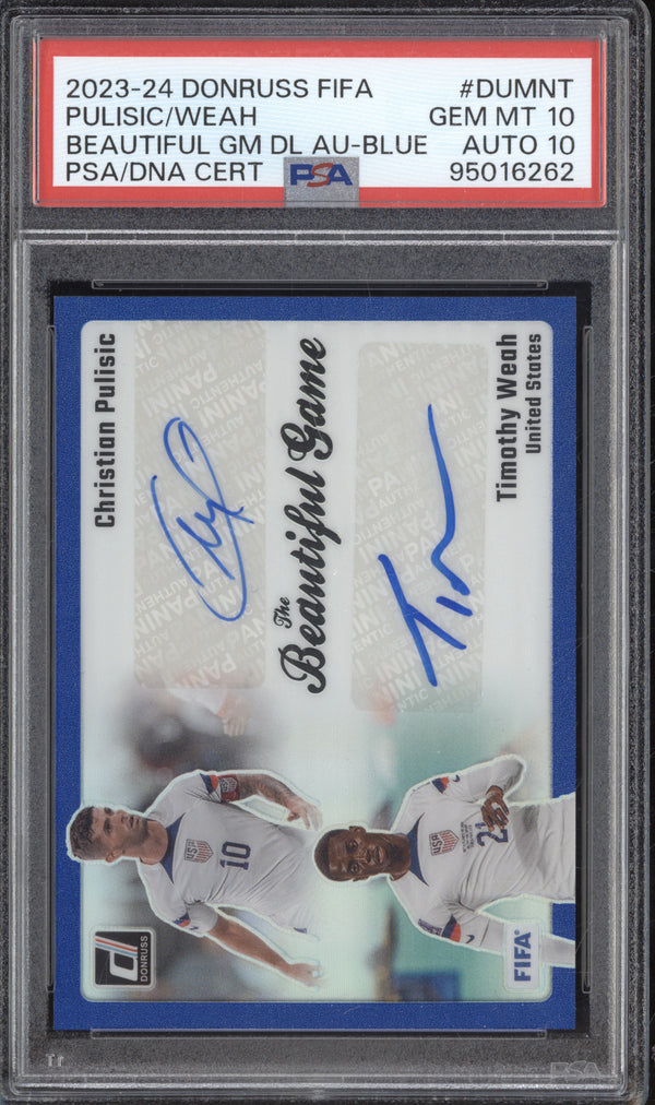 Pulisic Weah 2023 Panini Donruss The Beautiful Game Dual Auto Blue 1/4 PSA 10/10