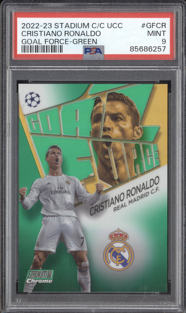 Cristiano Ronaldo 2022-23 Topps Stadium Club Chrome GF-CR Goal Force Green 33/99 PSA 9