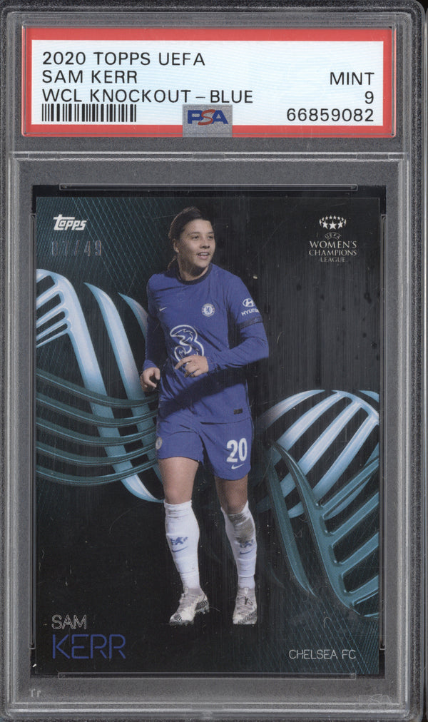 Sam Kerr 2020-21 Topps UEFA Women's Champions League Knockout Blue 7/49 PSA 9