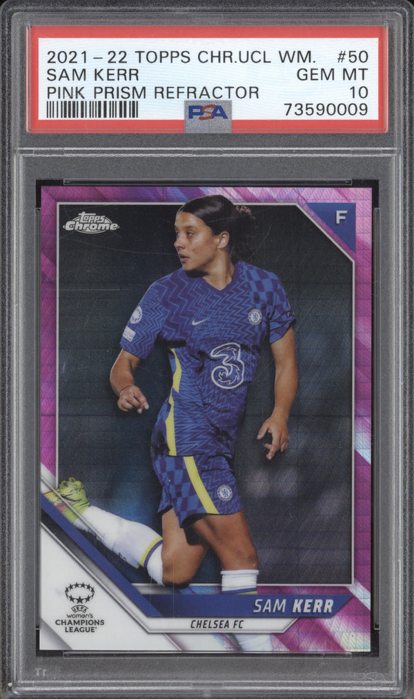 Sam Kerr 2021-22 Topps Chrome UCL Women's 50 Pink Prism Refractor 54/150 PSA 10