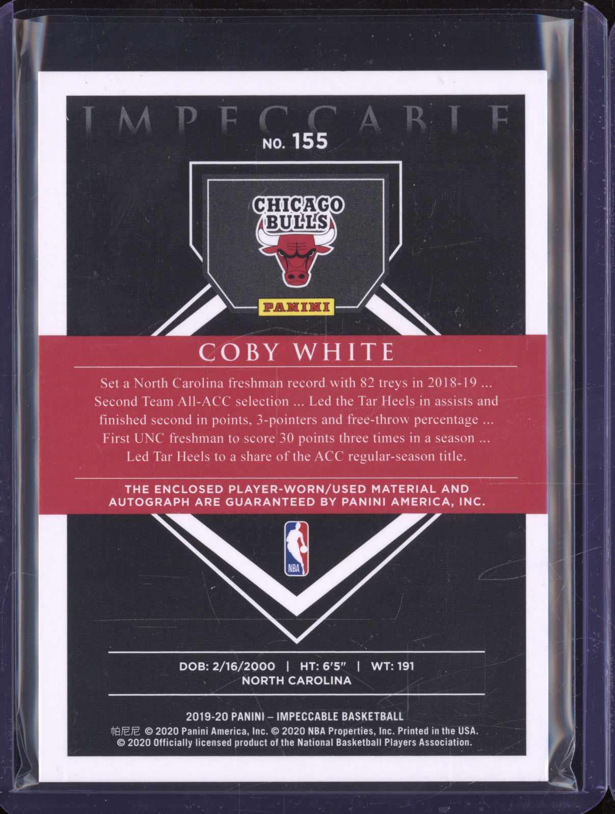 2019-20 Panini Impeccable 155 Coby White Elegance Rookie Auto 15/99 RC