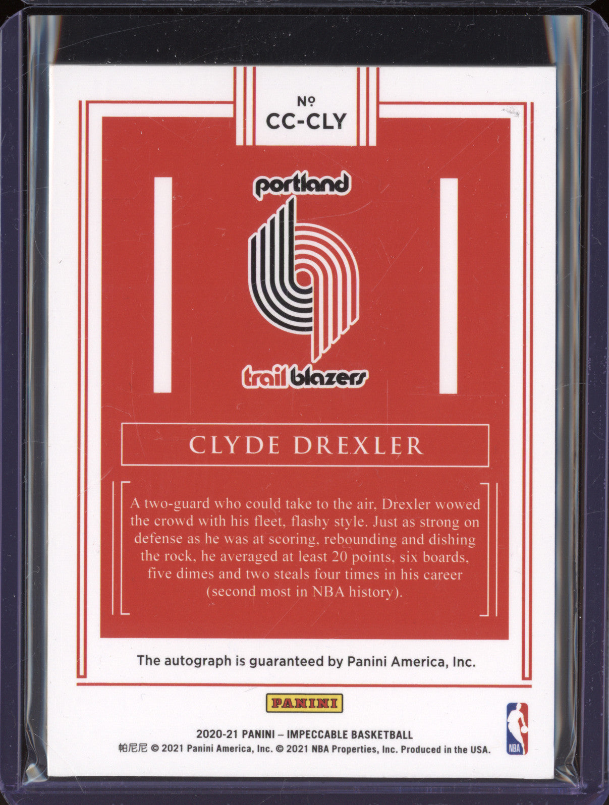 2020-21 Panini Impeccable CC-CLY Clyde Drexler Canvas Creations Auto 49/49