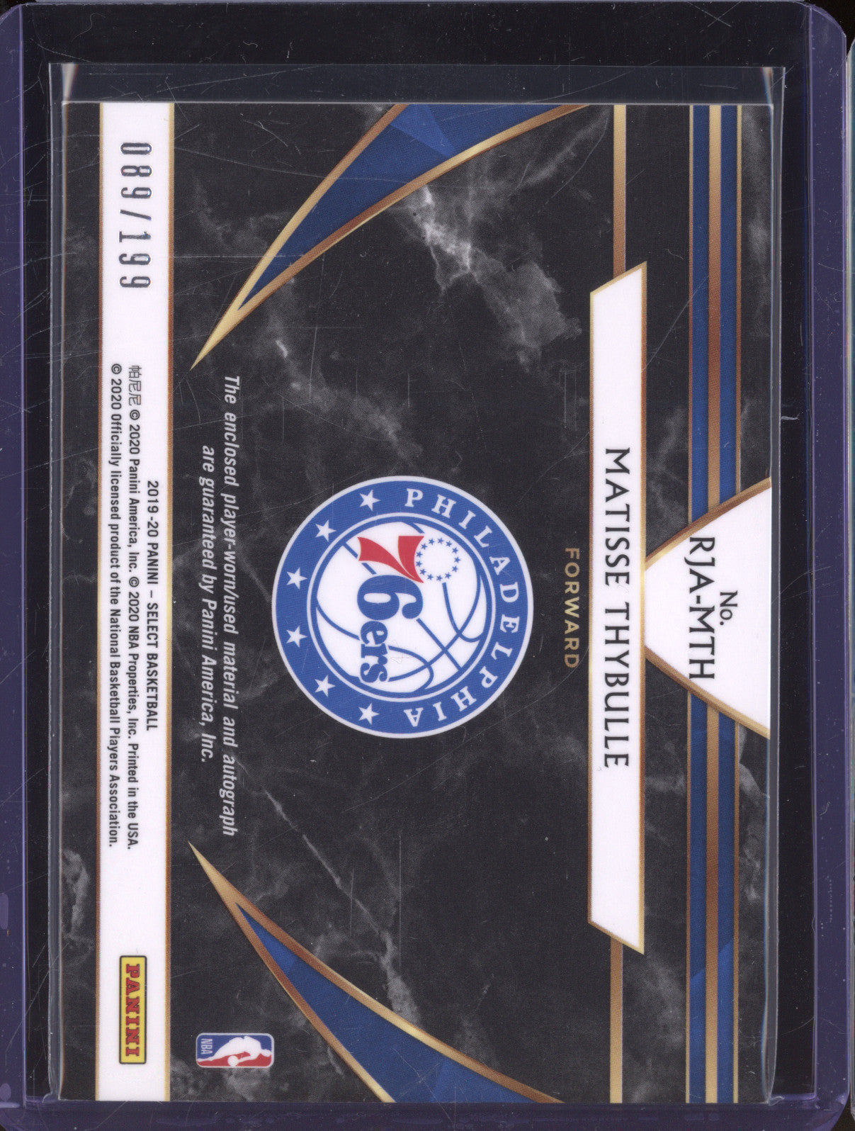 2019-20 Panini Select RJA-MTH Matisse Thybulle Rookie Jersey Auto RC 089/199