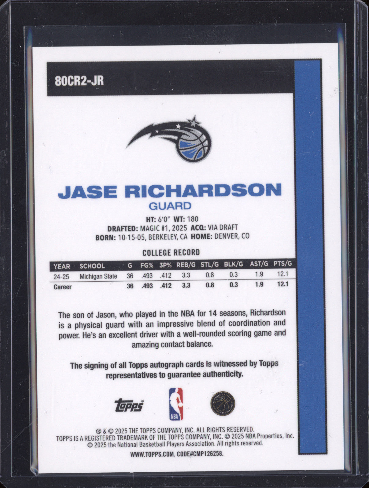 2025 Topps 1980-81 Topps Chrome 80CR2-JR Jase Richardson Auto Rookie RC