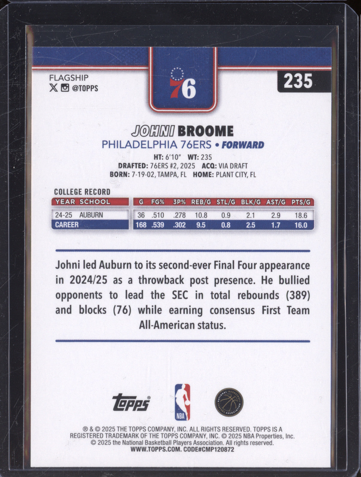 2025 Topps 235 Johni Broome Gold RC 0025/2025