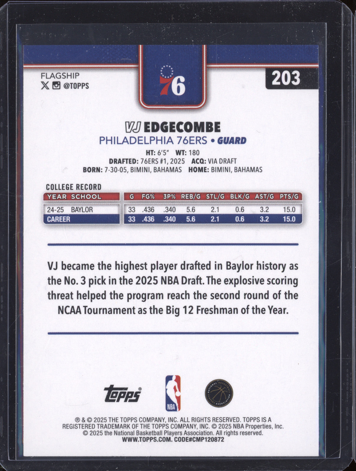 2025 Topps 203 VJ Edgecombe Rainbow Foilboard RC