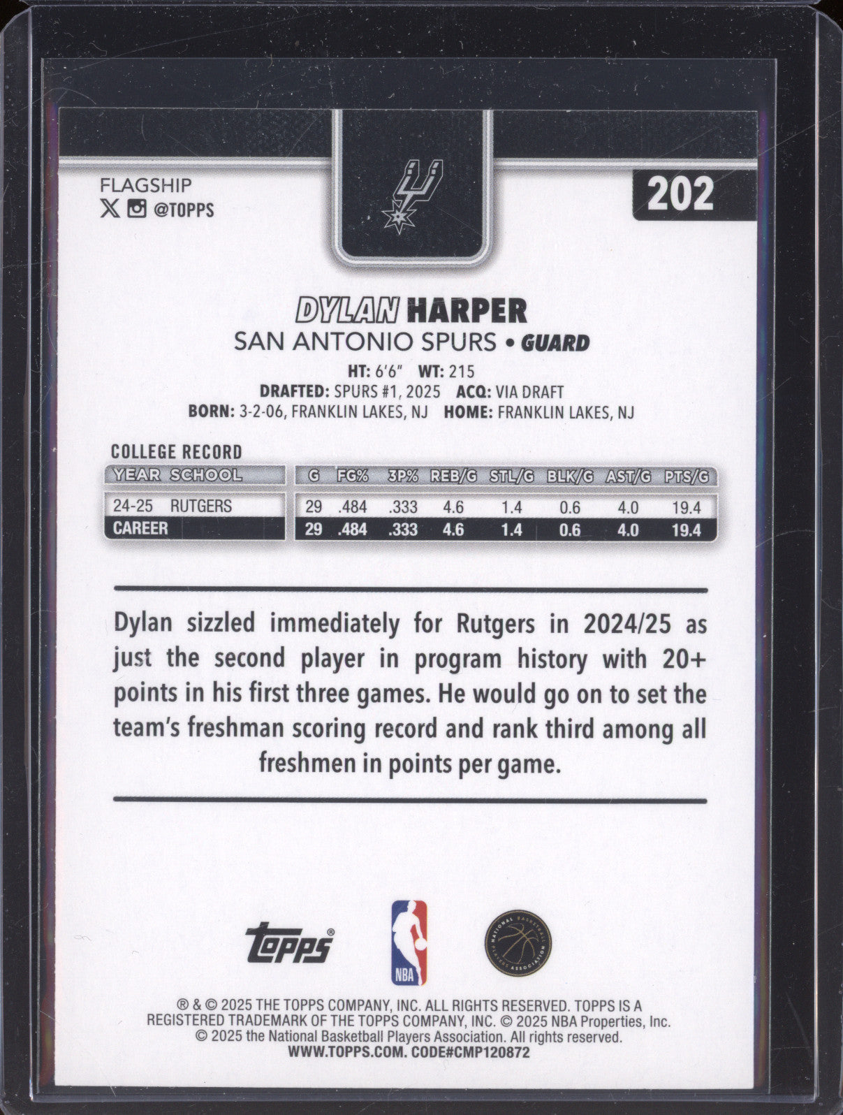 2025 Topps 202 Dylan Harper Rainbow Foilboard RC