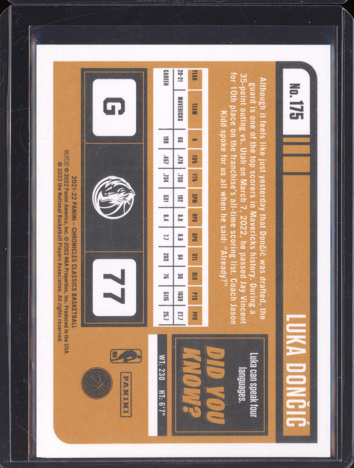 2021-22 Panini Chronicles 175 Luka Doncic Classics Purple 22/49