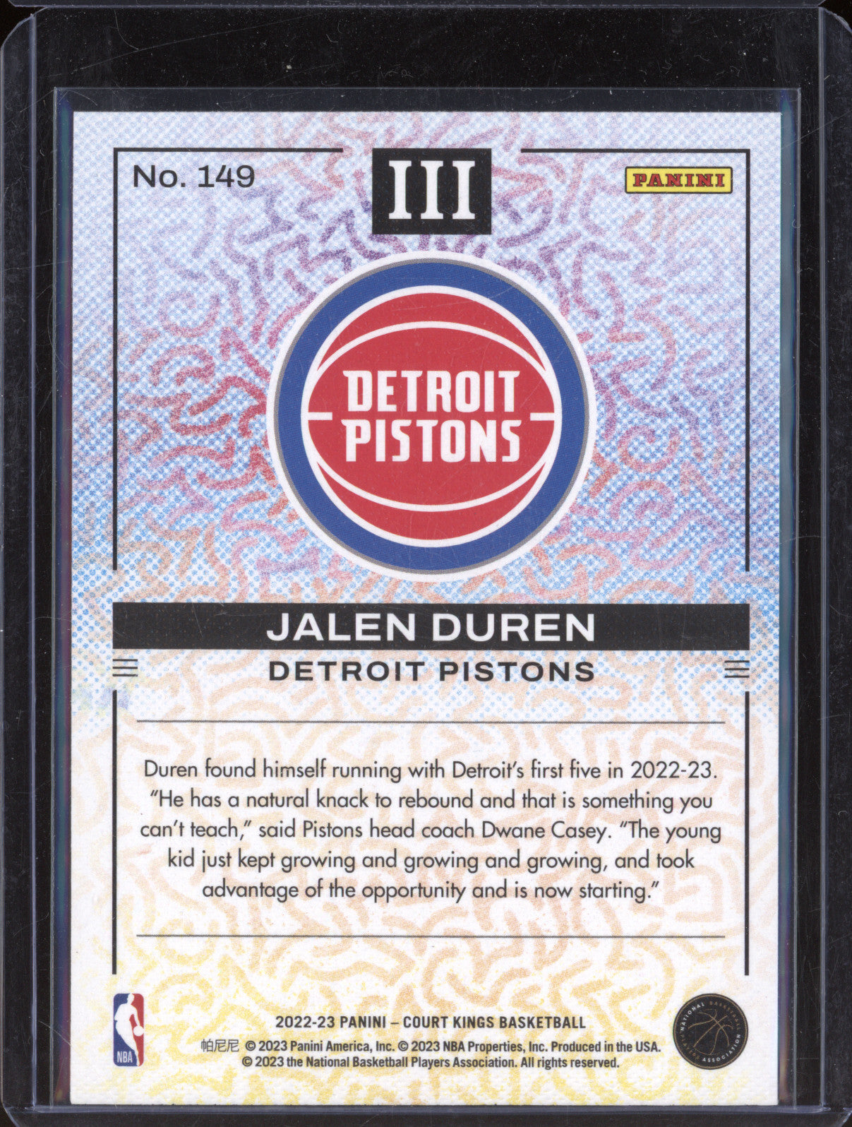 2022-23 Panini Court Kings 149 Jalen Duren Rookie III RC