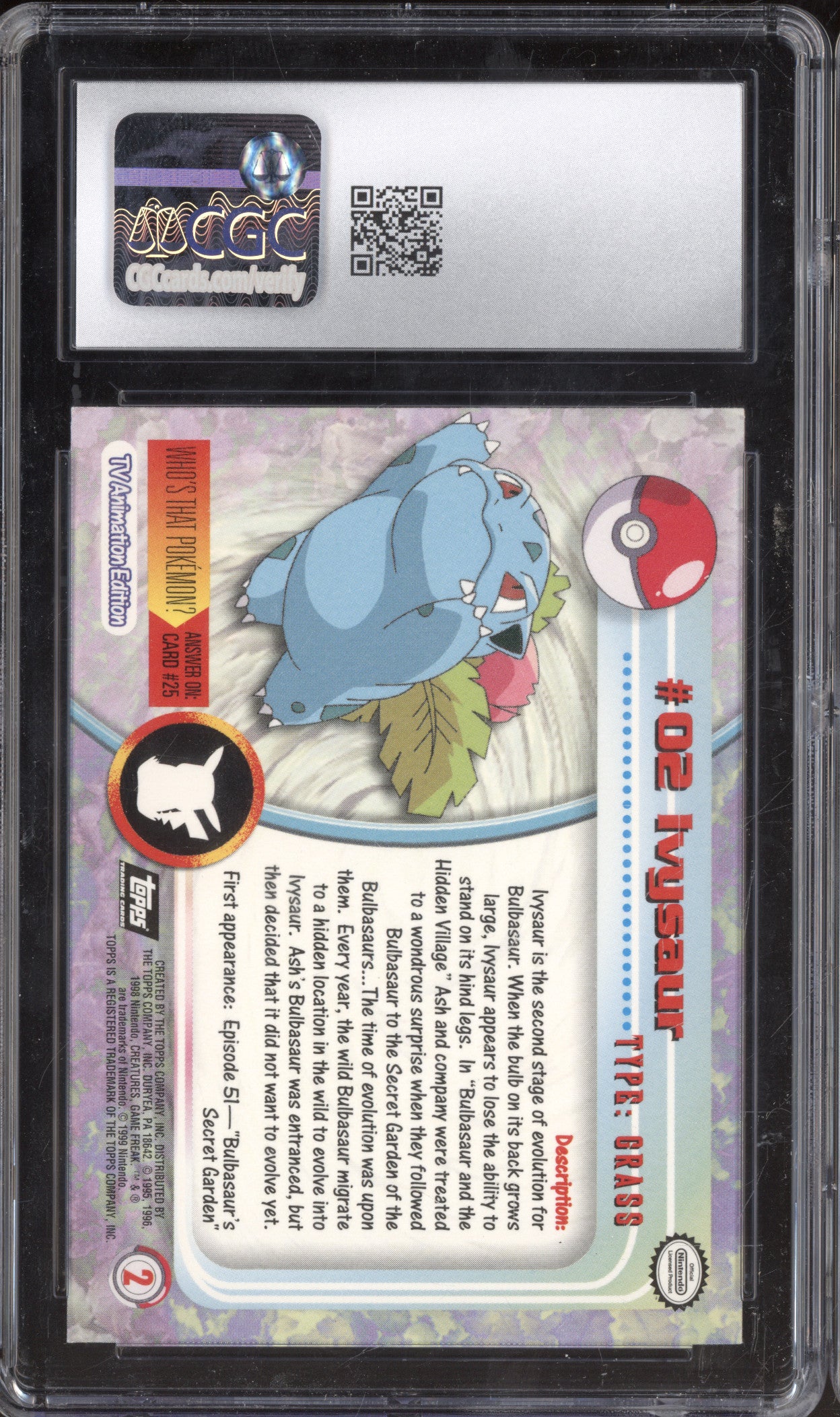 1999 Pokemon Topps TV Animation 2 Ivysaur Second Print Silver Foil CGC 8.5