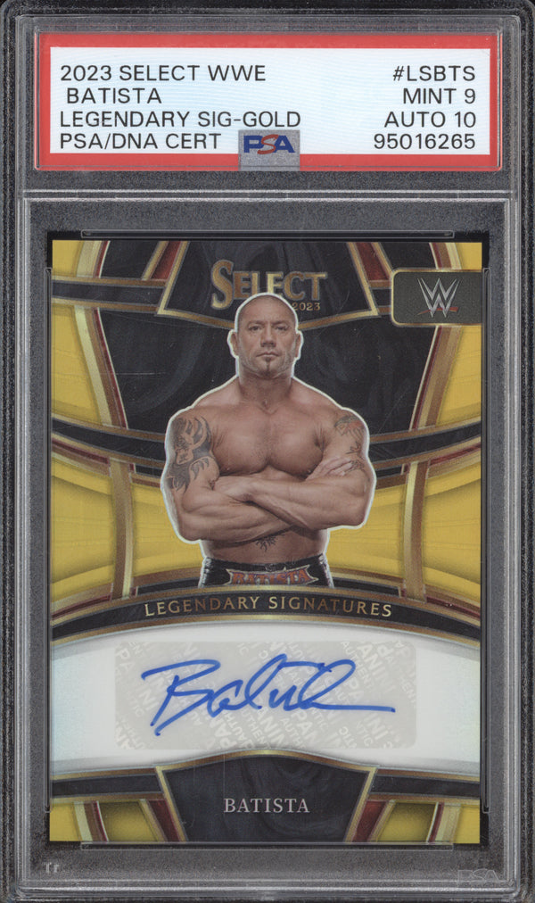 Batista 2023 Panini Select WWE LS-BTS Legendary Signatures Gold 3/10 PSA 9/10