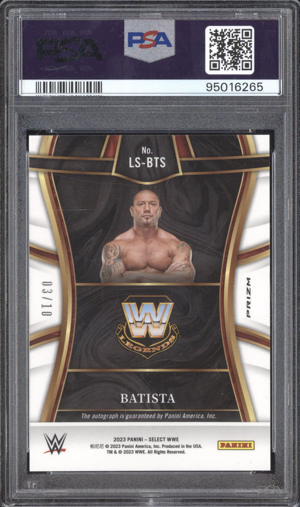 Batista 2023 Panini Select WWE LS-BTS Legendary Signatures Gold 3/10 PSA 9/10