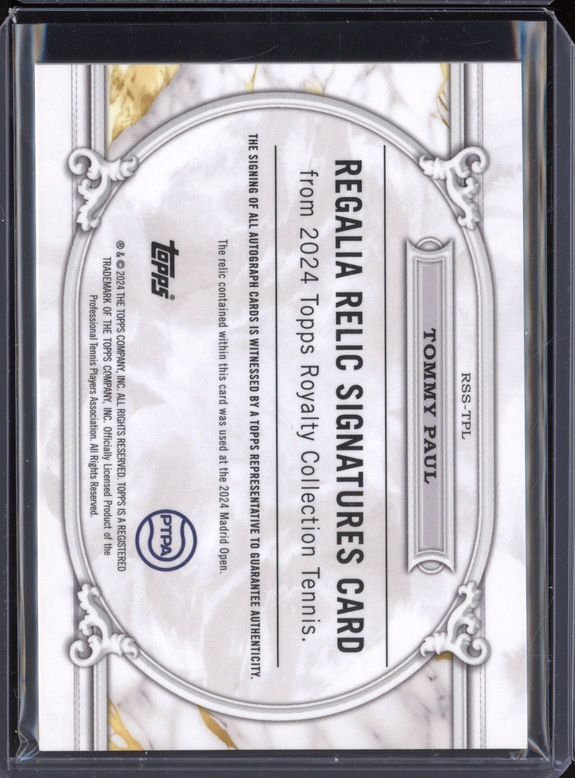  Tommy Paul 2024 Topps Royalty Tennis RSS-TPL Regalia Relic Signature Auto 57/75