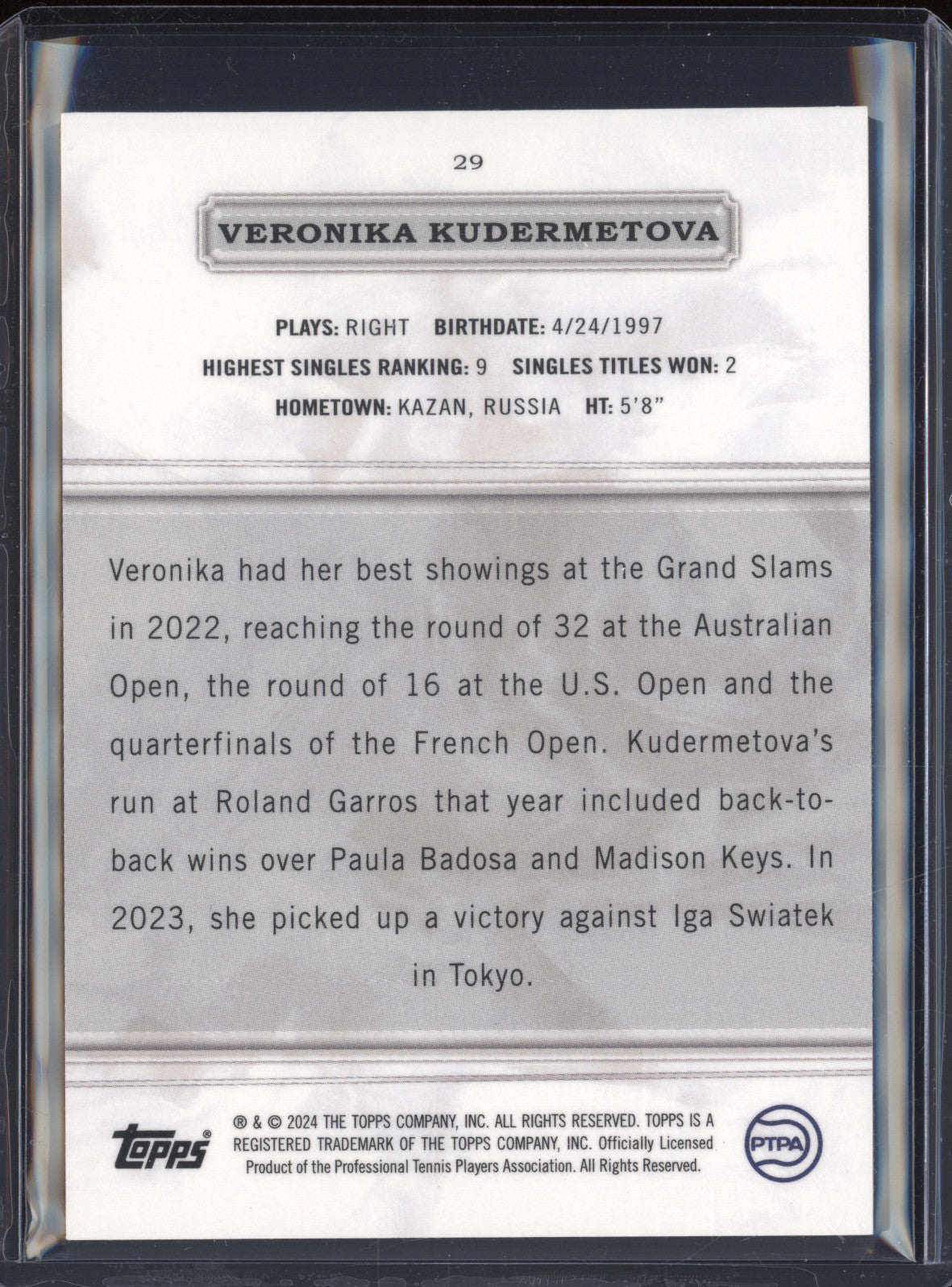 Veronika Kudermetova 2024 Topps Royalty Tennis 29  Base Purple 26/35