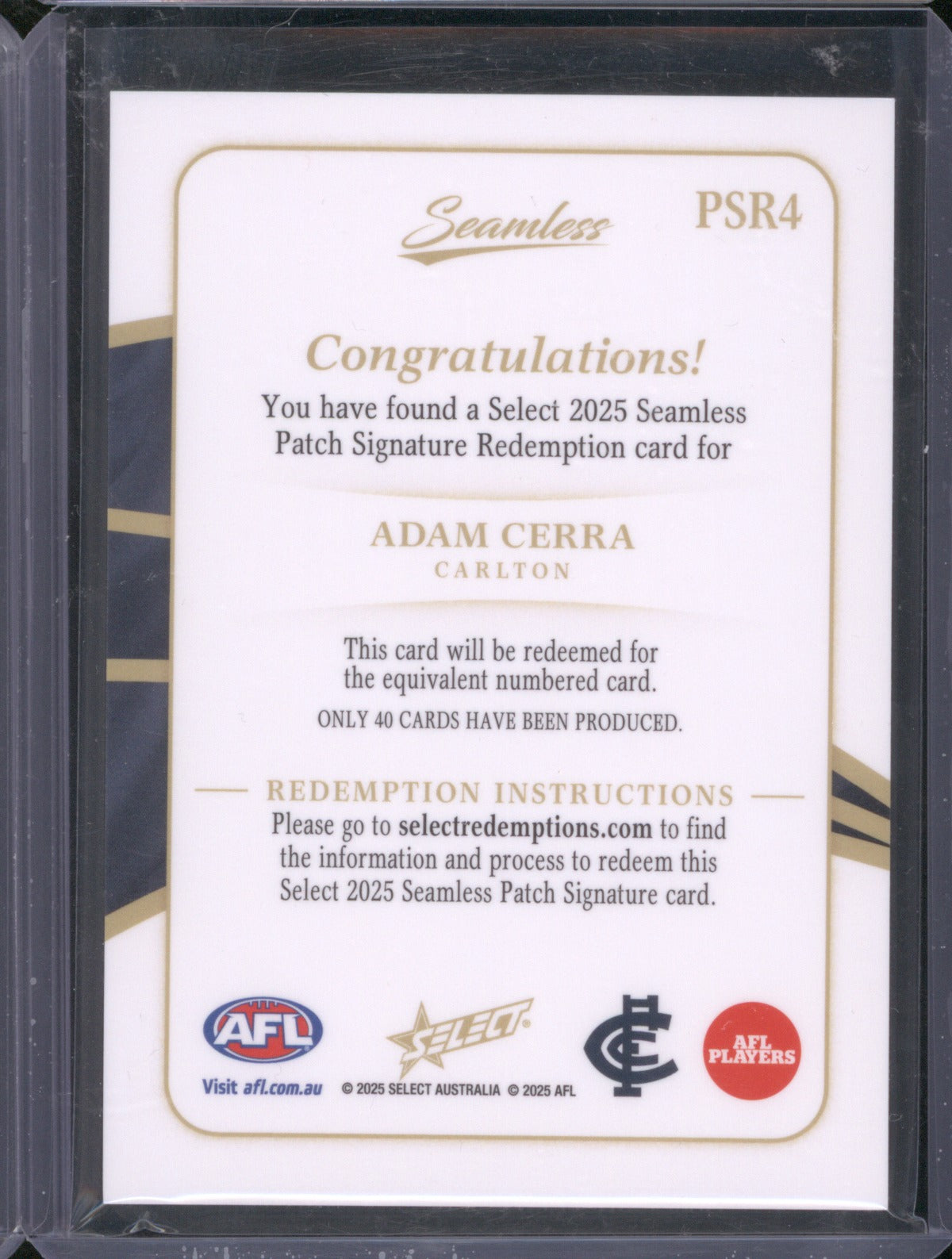 Adam Cerra 2025 AFL Select Seamless PSR4 Patch Signature Redemption Carlton /40