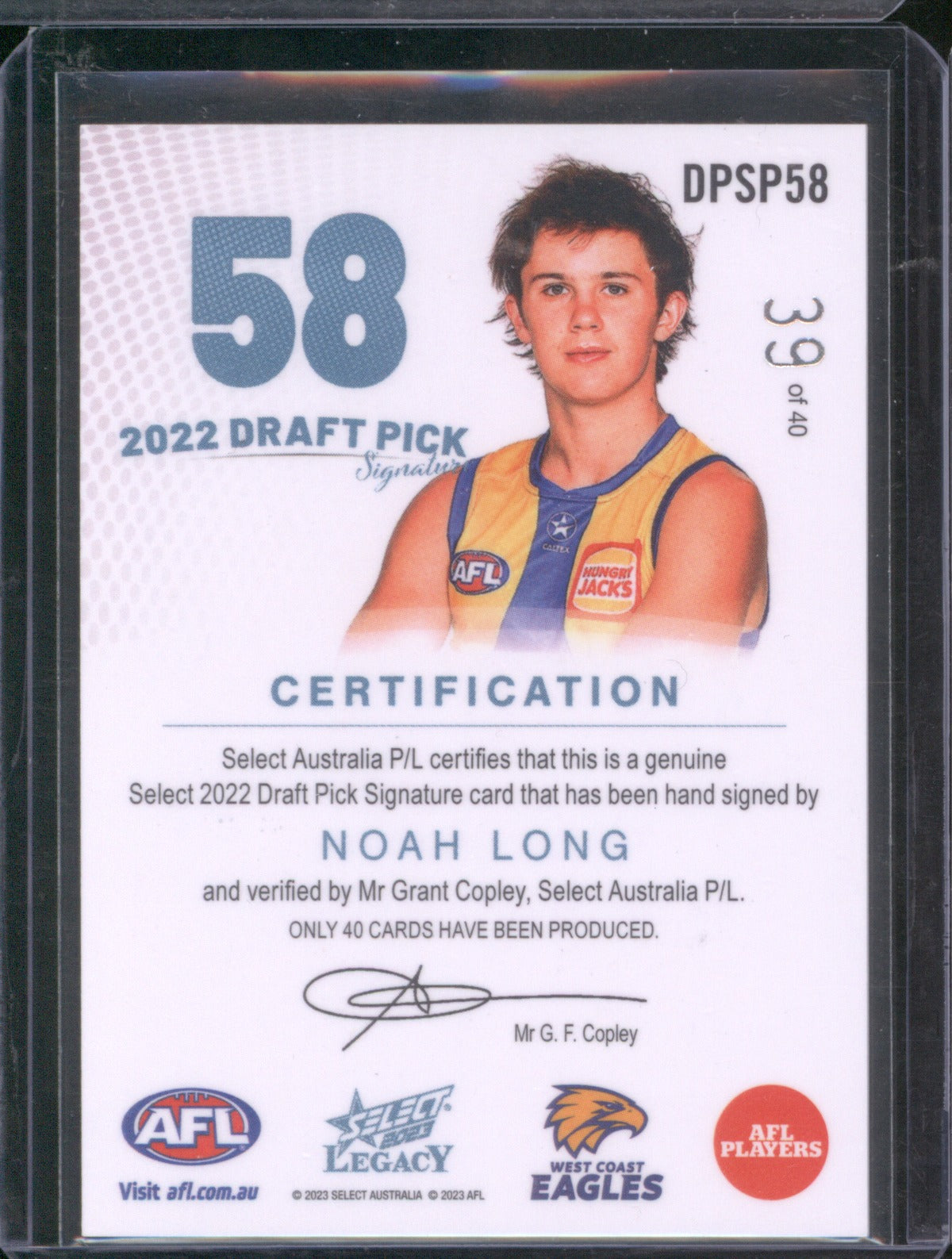 Noah Long 2023 AFL Select Legacy DPSP58 Draft Pick Signature Platinum West Coast