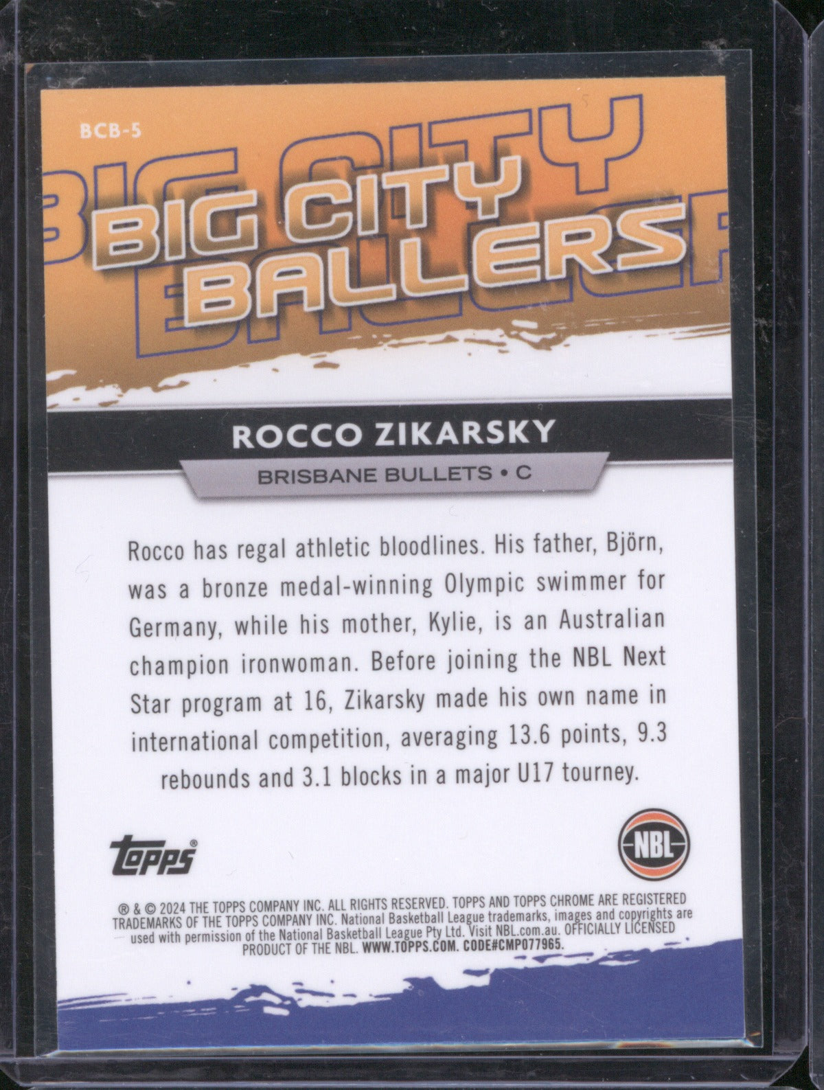 Rocco Zikarsky 2023 Topps Chrome NBL BCB-5 Big City Ballers RC Gold /50