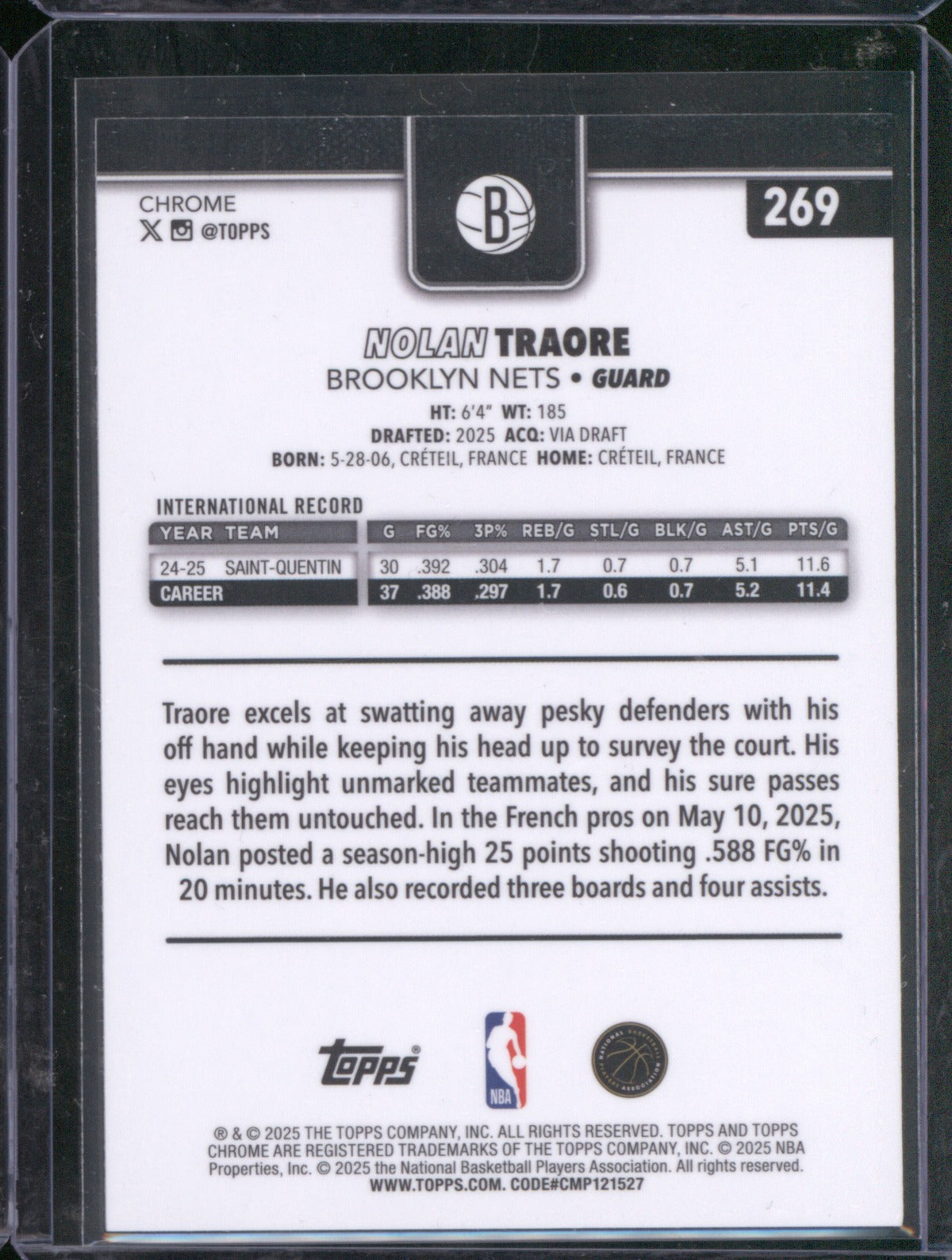 Nolan Traore 2025 Topps Chrome 269 Blue RayWave Refractor RC /150