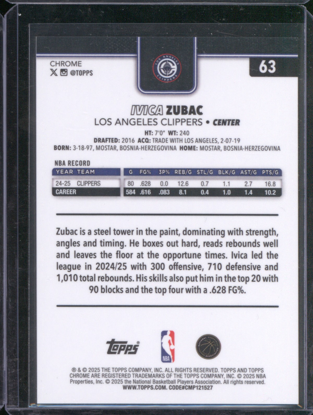 Ivica Zubac 2025 Topps Chrome 63 Basketball Refractor /25
