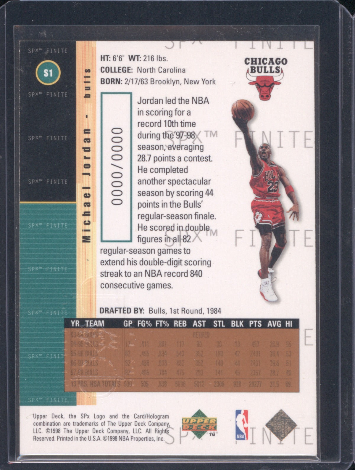 1998 Upper Deck SPx Finite Michael Jordan 1 Bronze Foil Sample