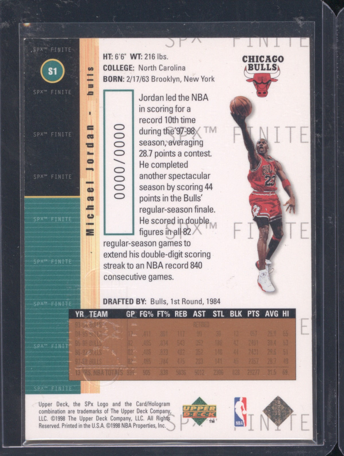 1998 Upper Deck SPx Finite Michael Jordan 1 Bronze Foil Sample
