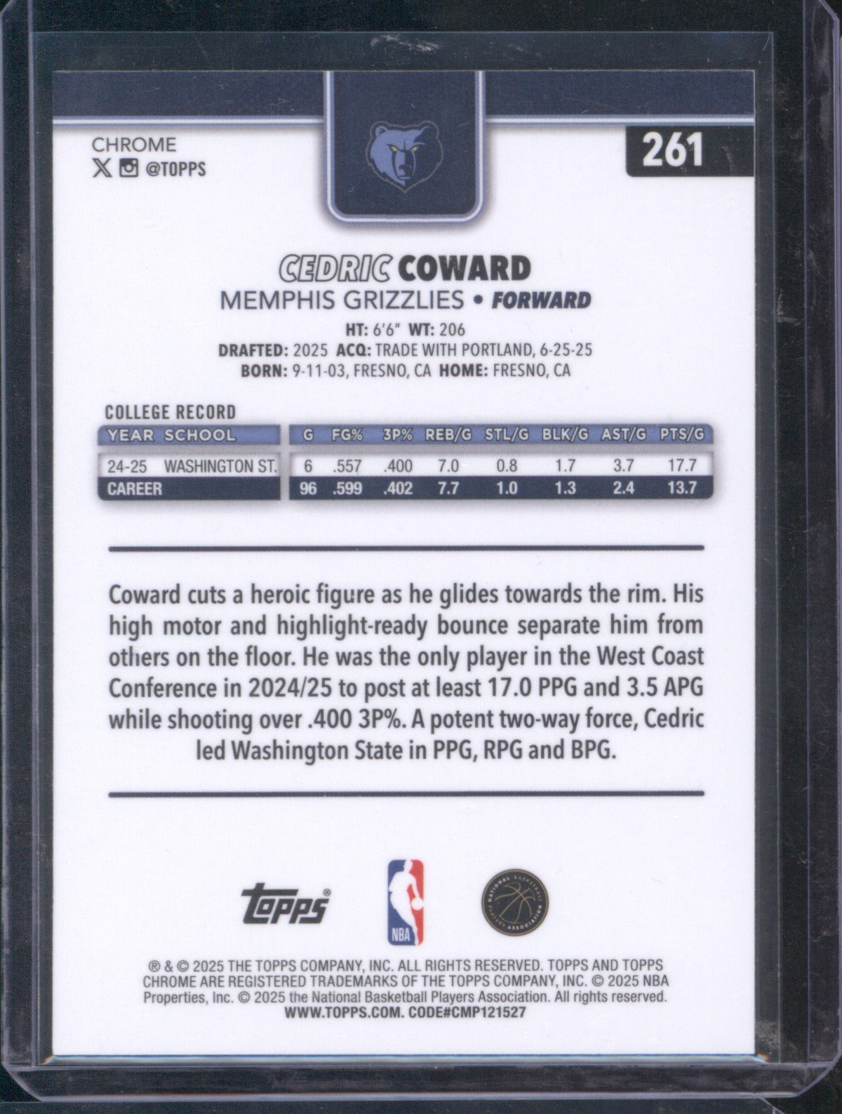 Cedric Coward 2025 Topps Chrome 261 Blue Raywave Refractor /150