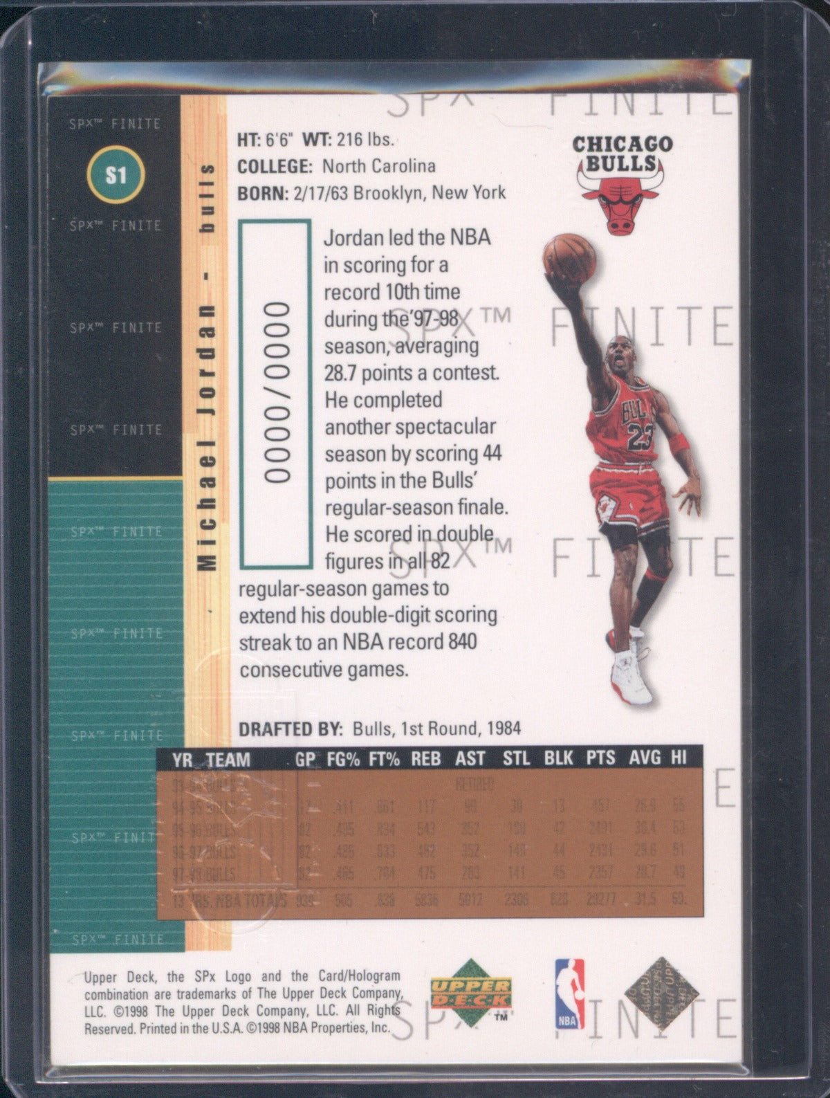 1998 Upper Deck SPx Finite Michael Jordan 1 Bronze Foil Sample