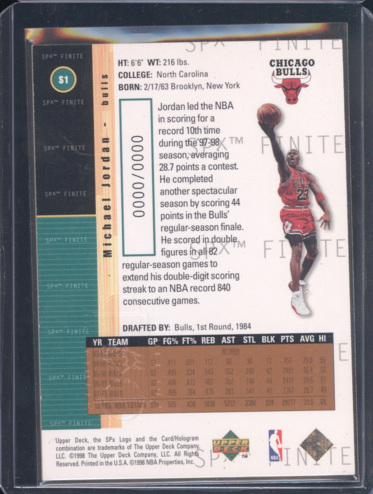 1998 Upper Deck SPx Finite Michael Jordan 1 Bronze Foil Sample