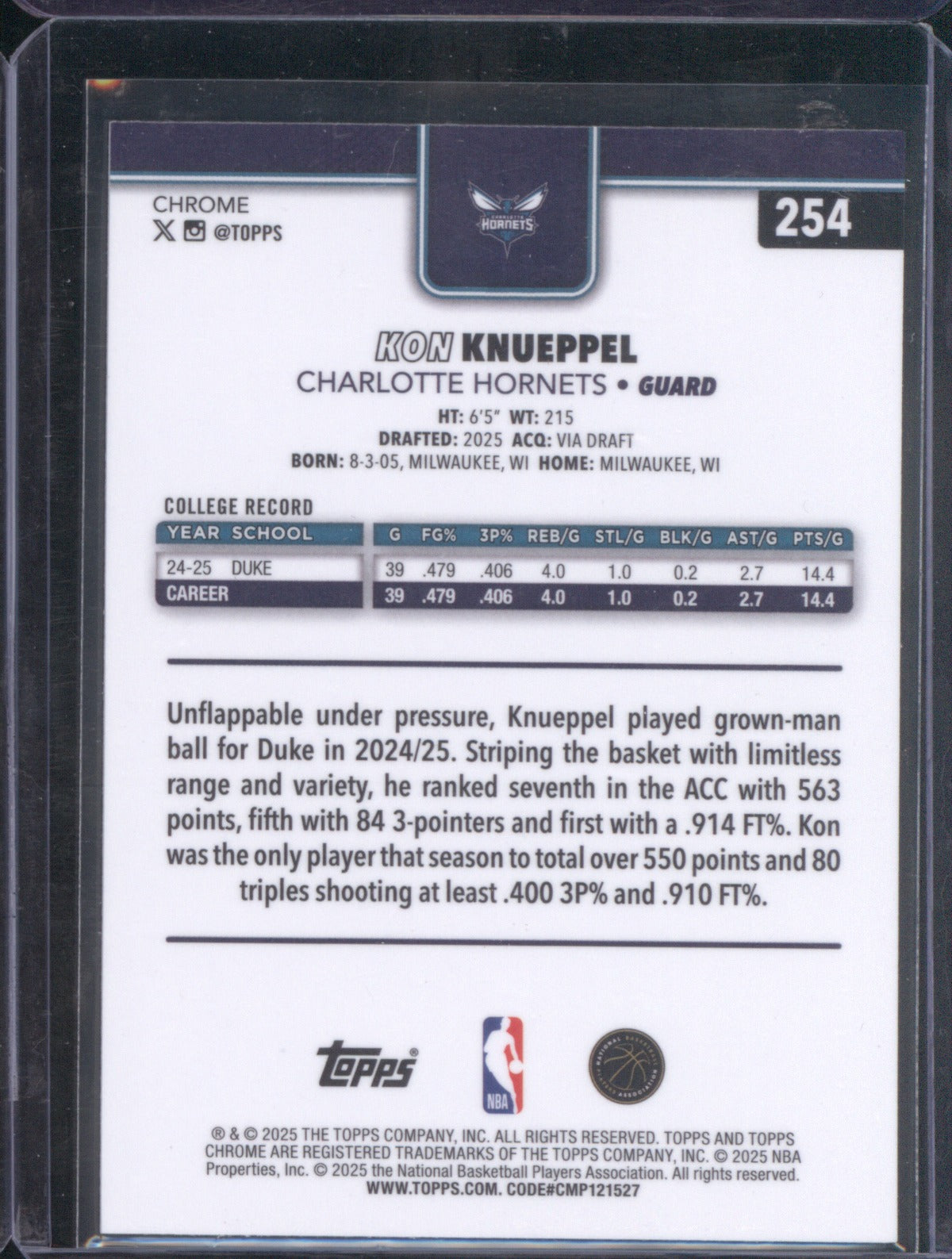 Kon Knueppel 2025-26 Topps Chrome Prism Refractor Base RC 254