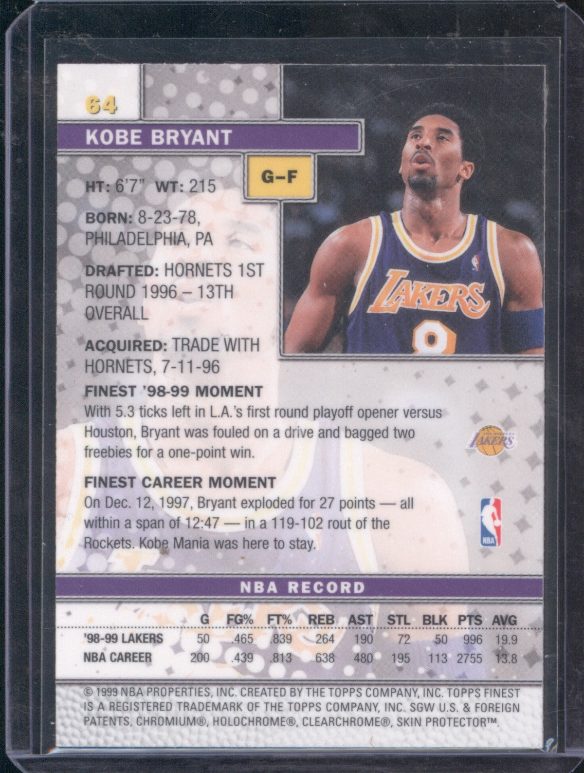 Kobe Bryant 1999 Topps Finest 64 Protective Coating