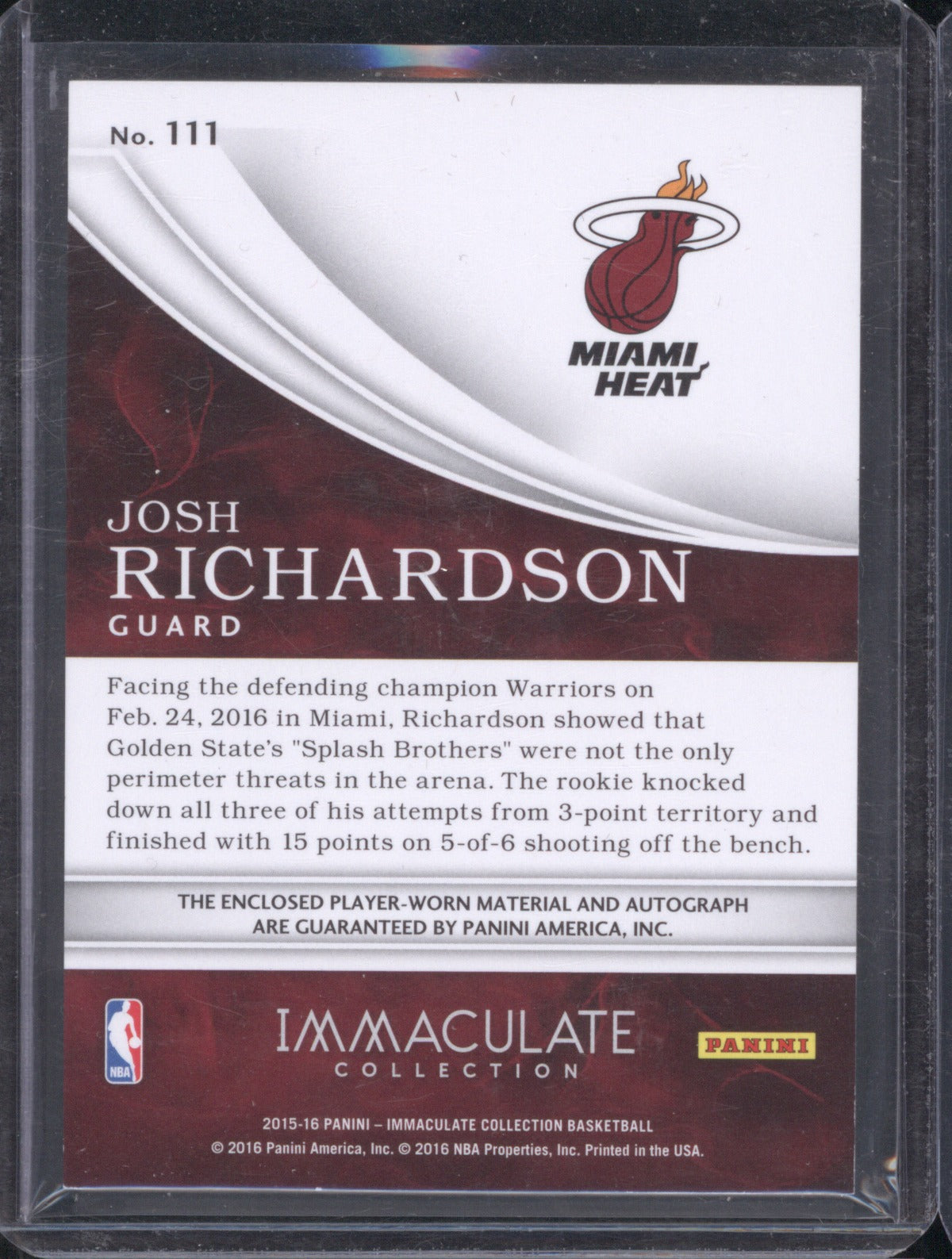 2015 Panini Immaculate Collection Josh Richardson RC Patch Auto 44/99