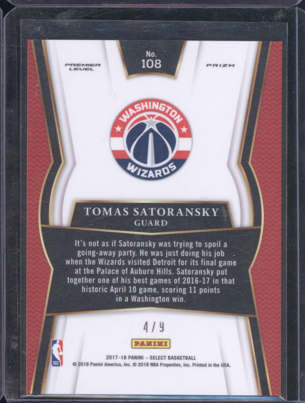 2017 Panini Select Tomas Satoransky 108 Orange Pulsar 4/9