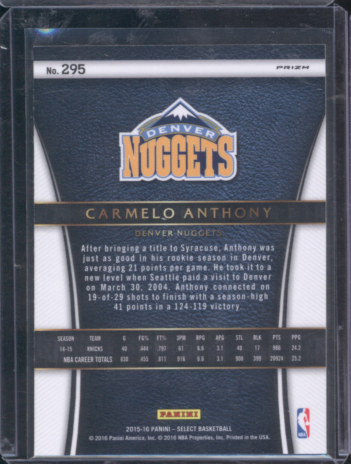 2015 Panini Select Carmelo Anthony 295 Silver Prizm
