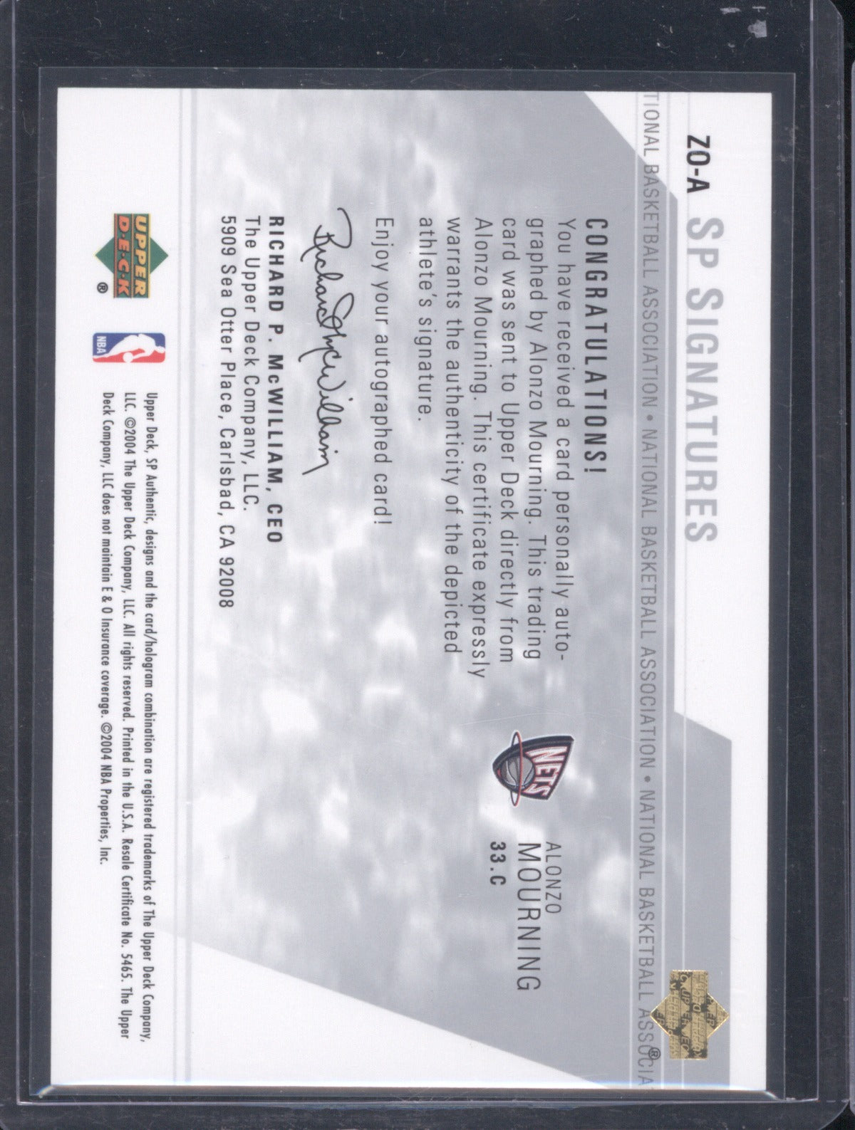2003 Upper Deck SP Authentic Alonzo Mourning Signatures Auto