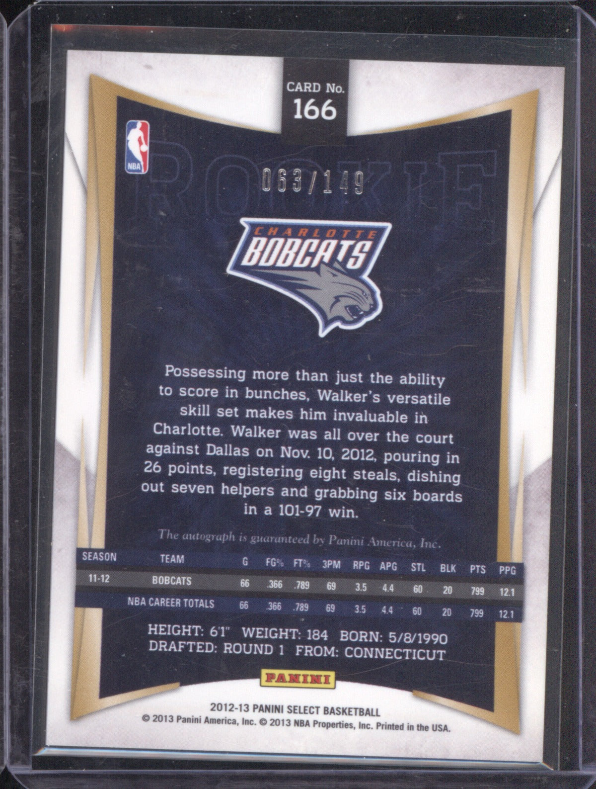 2012 Panini Select Kemba Walker RC 166 Auto 063/149