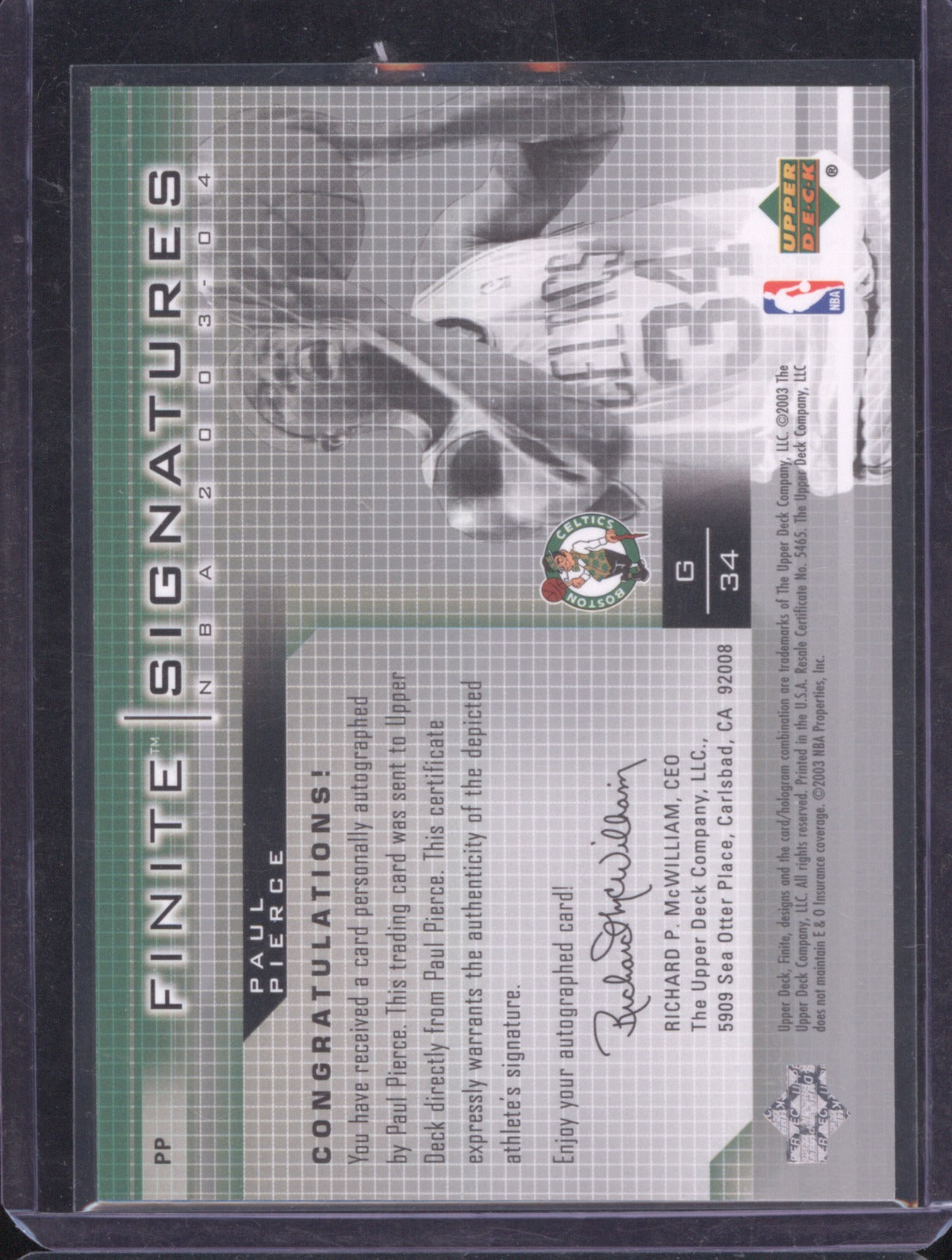 2003 Upper Deck Finite Signatures Paul Pierce Auto