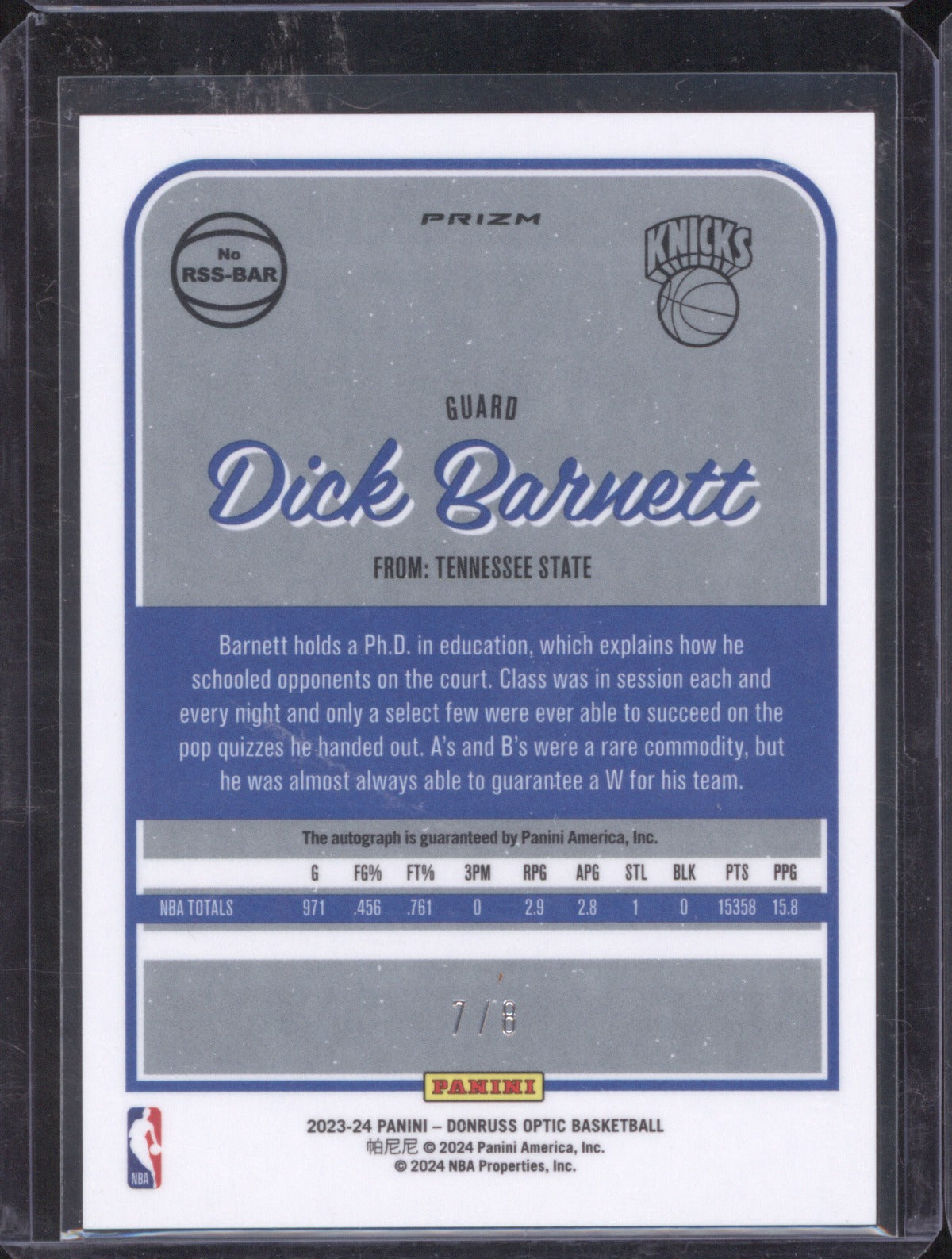 2023 Donruss Optic Dick Barnett Choice Black Gold Auto 7/8