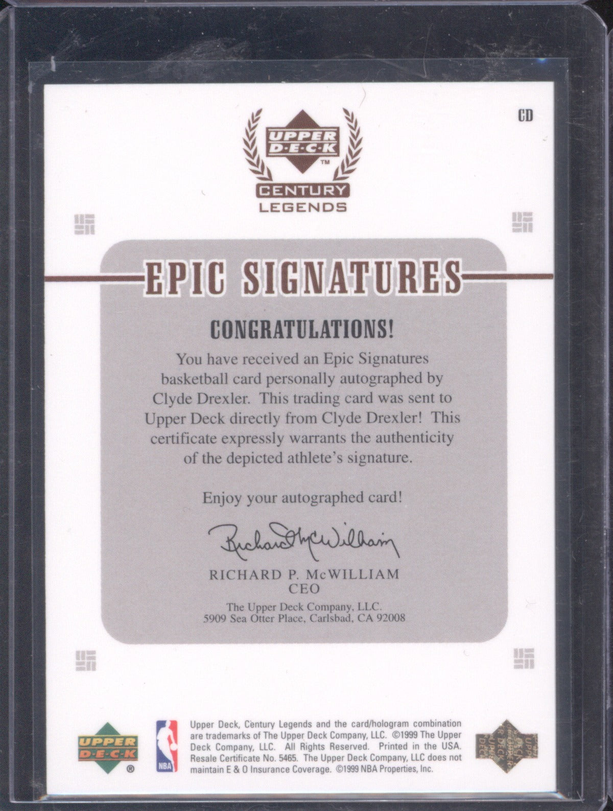 1999 Upper Deck Century Legends Clyde Drexler Epic Signatures