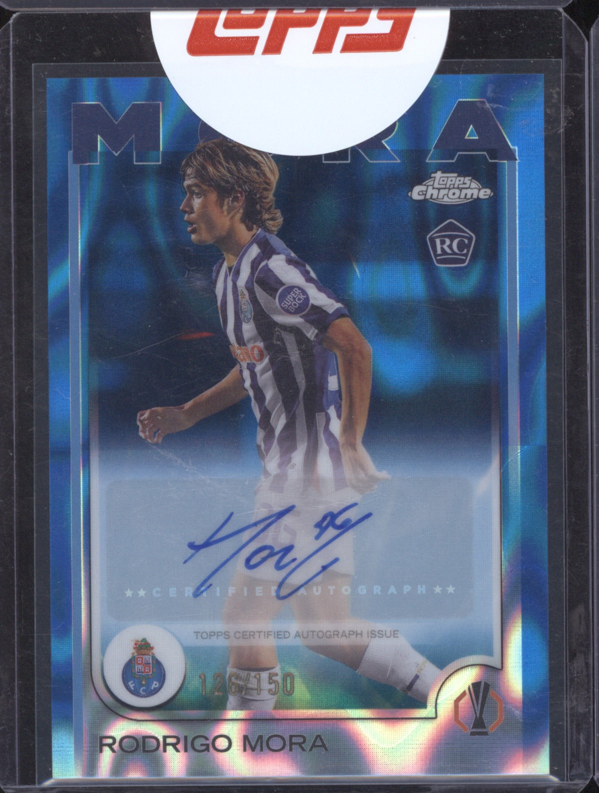 2024 Topps Chrome UEFA Rodrigo Mora RC Blue Lava Refractor Auto 126/150