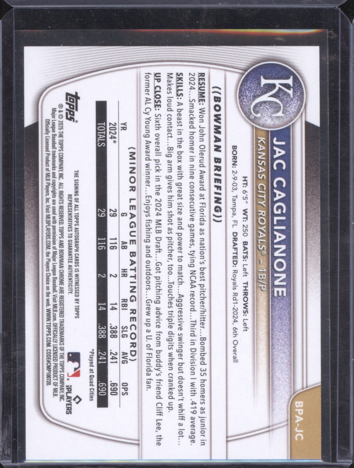 2025 Topps Bowman Jac Caglianone Auto Prospect Auto