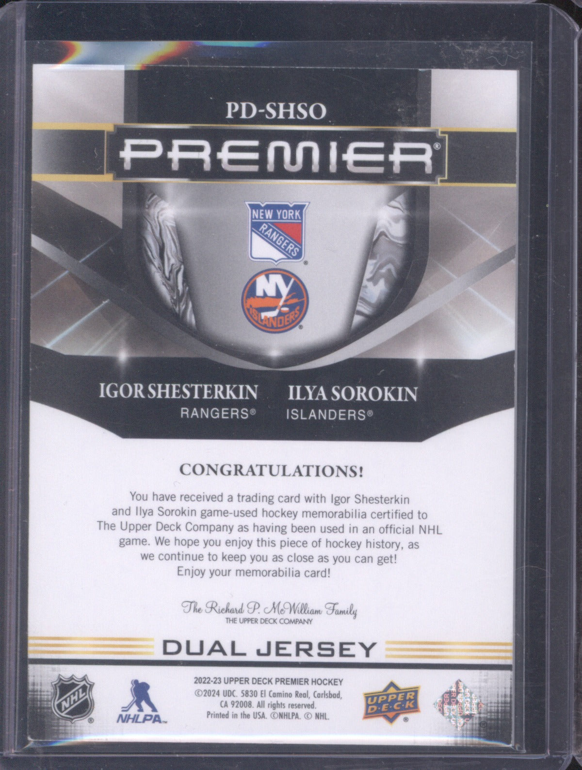 2022 Upper Deck Premier Igor Shesterkin / Ilya Sorokin Dual Jersey 88/99