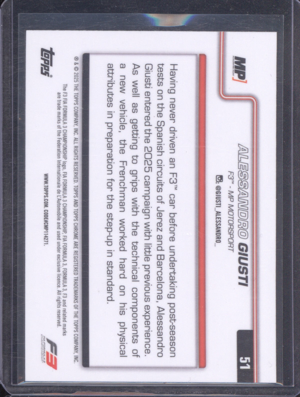 2025 Topps Chrome Formula 1 Alessandro Giusti 51 Green Raywave Refractor 4/99