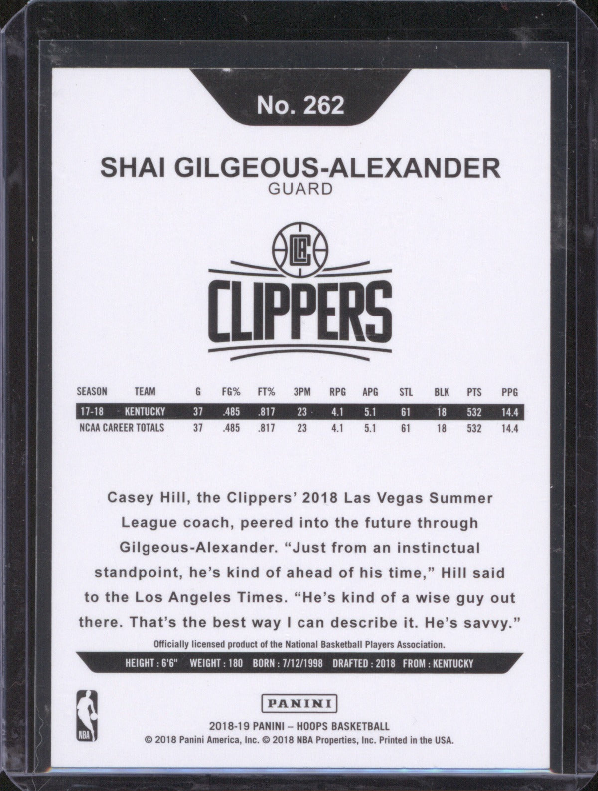 Shai Gilgeous-Alexander 2018-19 Panini NBA Hoops 262 Rookie RC