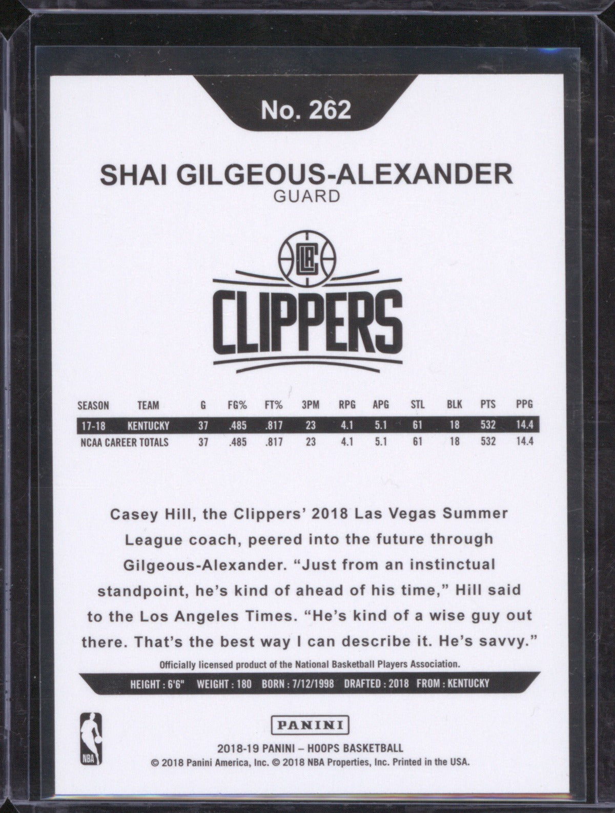 Shai Gilgeous-Alexander 2018-19 Panini NBA Hoops 262 Rookie RC