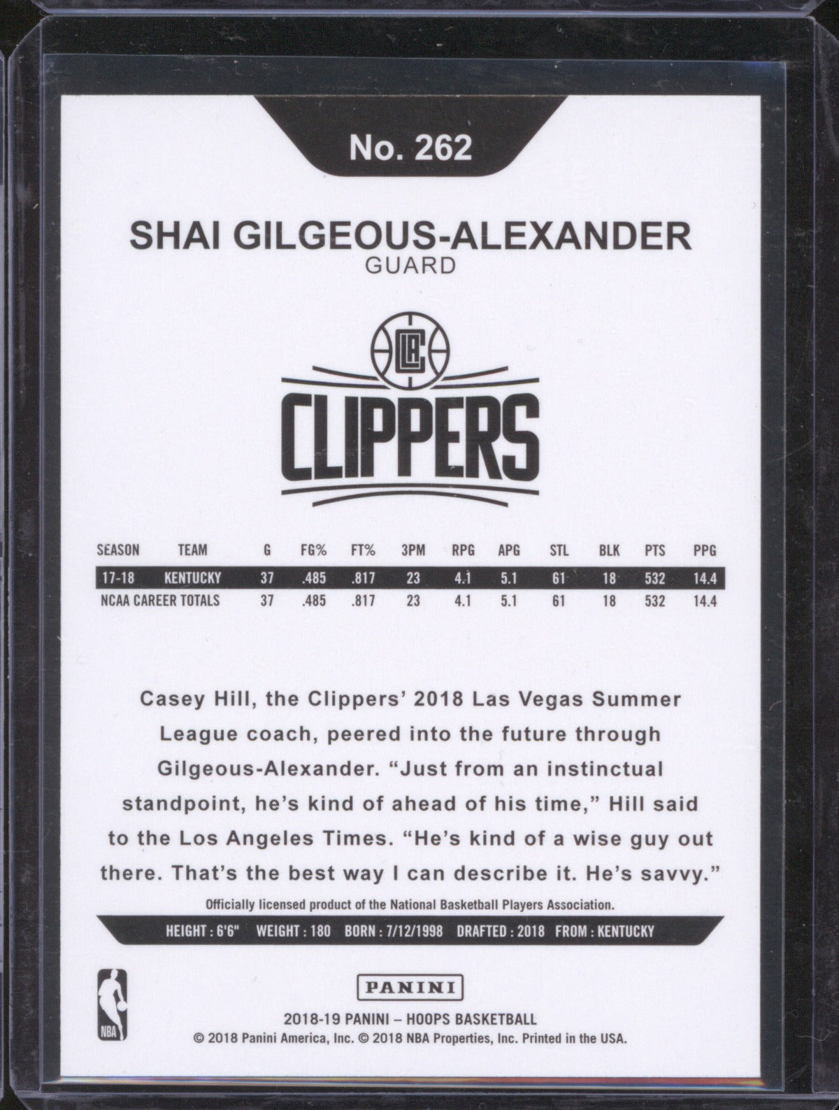 Shai Gilgeous-Alexander 2018-19 Panini NBA Hoops 262 Rookie RC