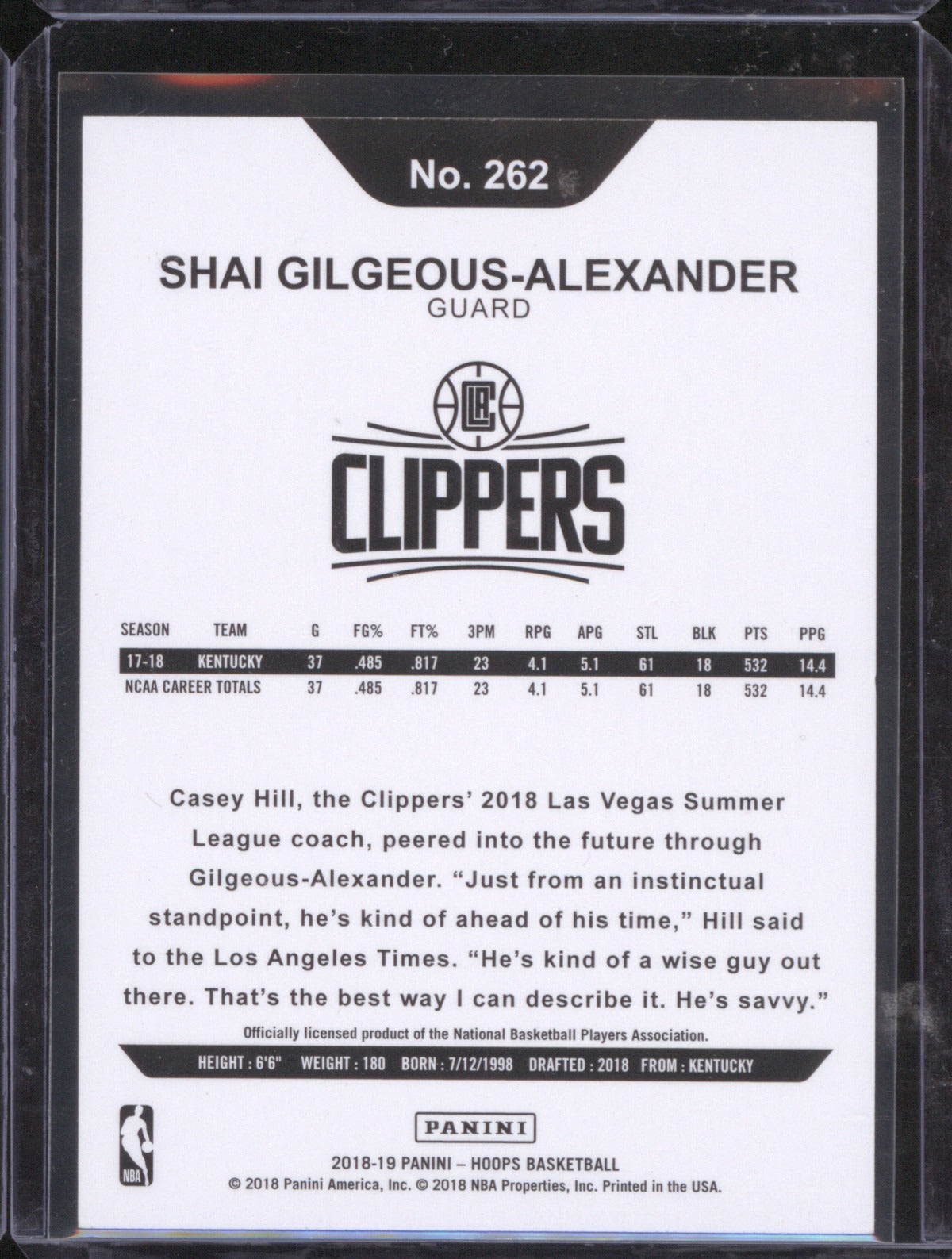 Shai Gilgeous-Alexander 2018-19 Panini NBA Hoops 262 Rookie RC