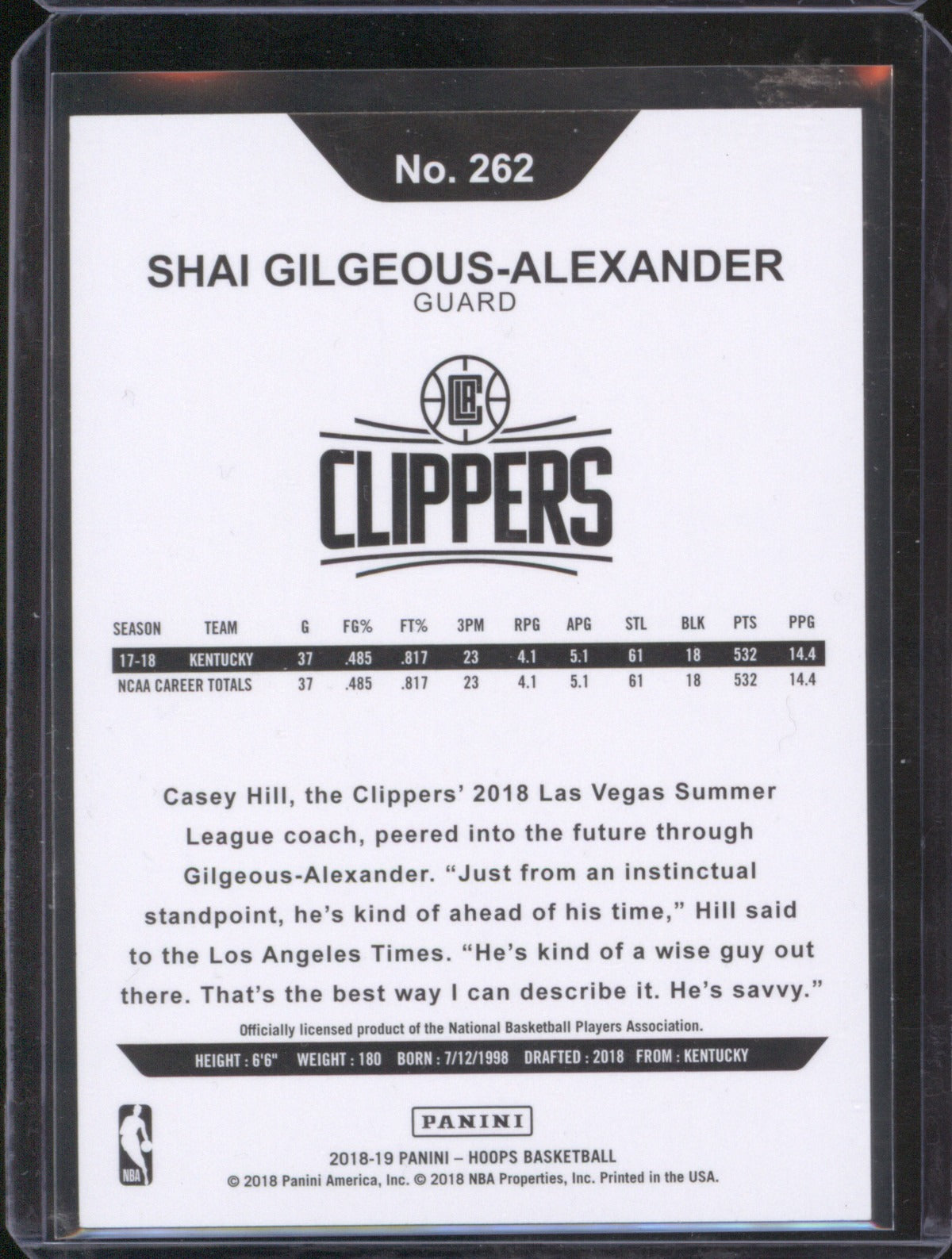 Shai Gilgeous-Alexander 2018-19 Panini NBA Hoops 262 Rookie RC