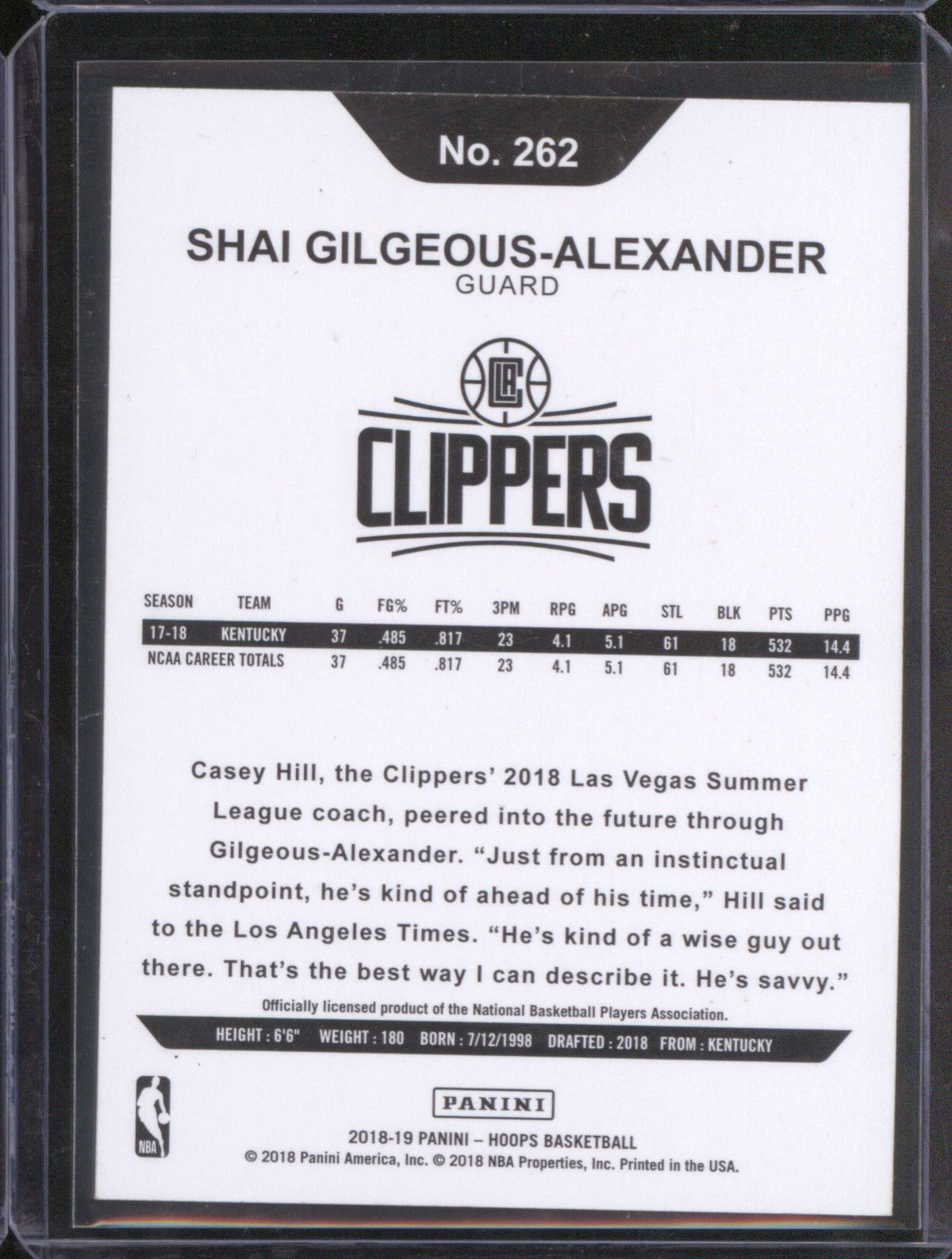 Shai Gilgeous-Alexander 2018-19 Panini NBA Hoops 262 Rookie RC