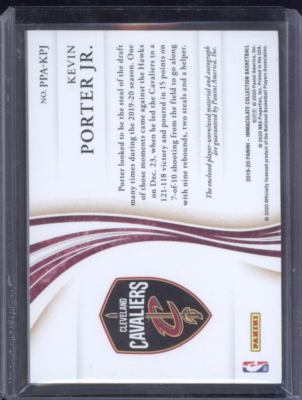 2019-20 Panini Immaculate 128 Kevin Porter Jr Premium Patch Auto 29/50 RC
